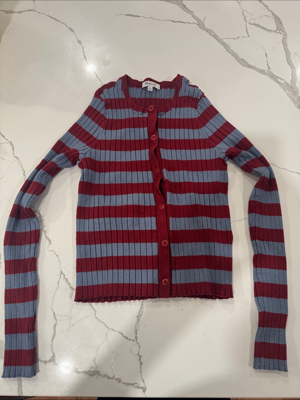 Madewell Striped Ribbed Button Cardigan - Blue & Burgundy